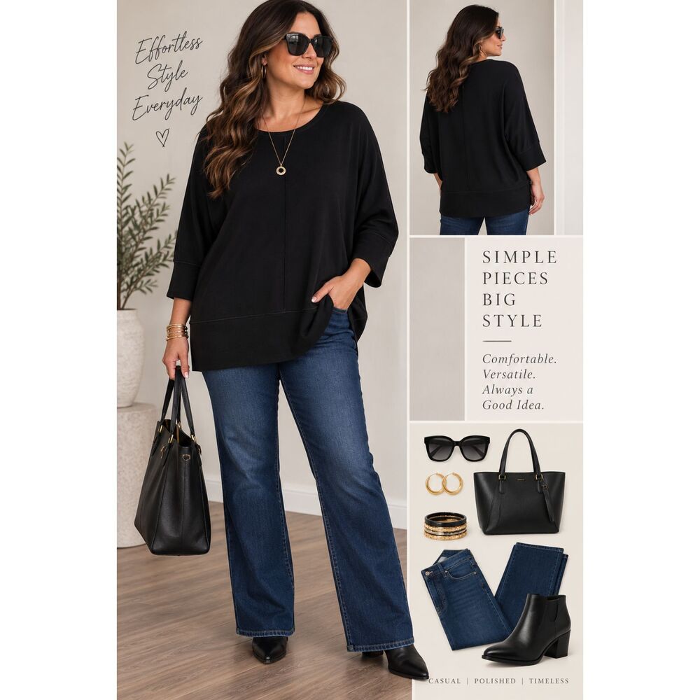 Spanx Shirt Womens Medium Black 3/4 Sleeve Tunic Crewneck Stretch Jersey Top
